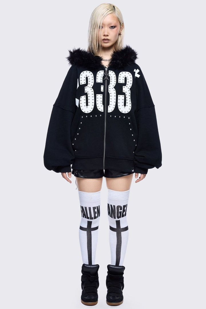 Graphic Zip Up Hoodie with Faux Fur Hood in Black | Minga London