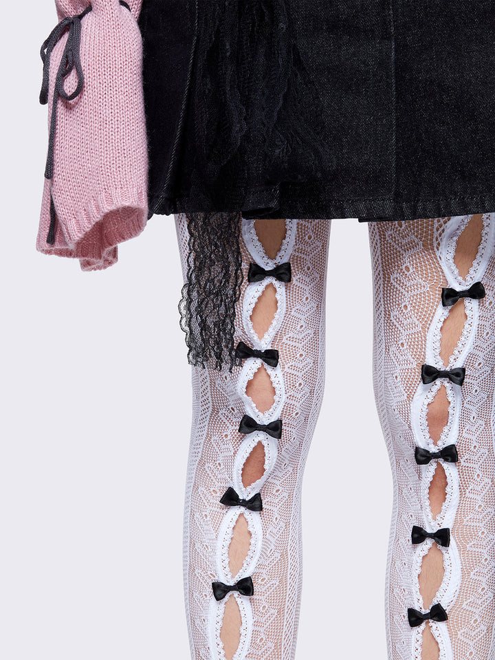 Lace Cutout Bow Tights in White Minga London