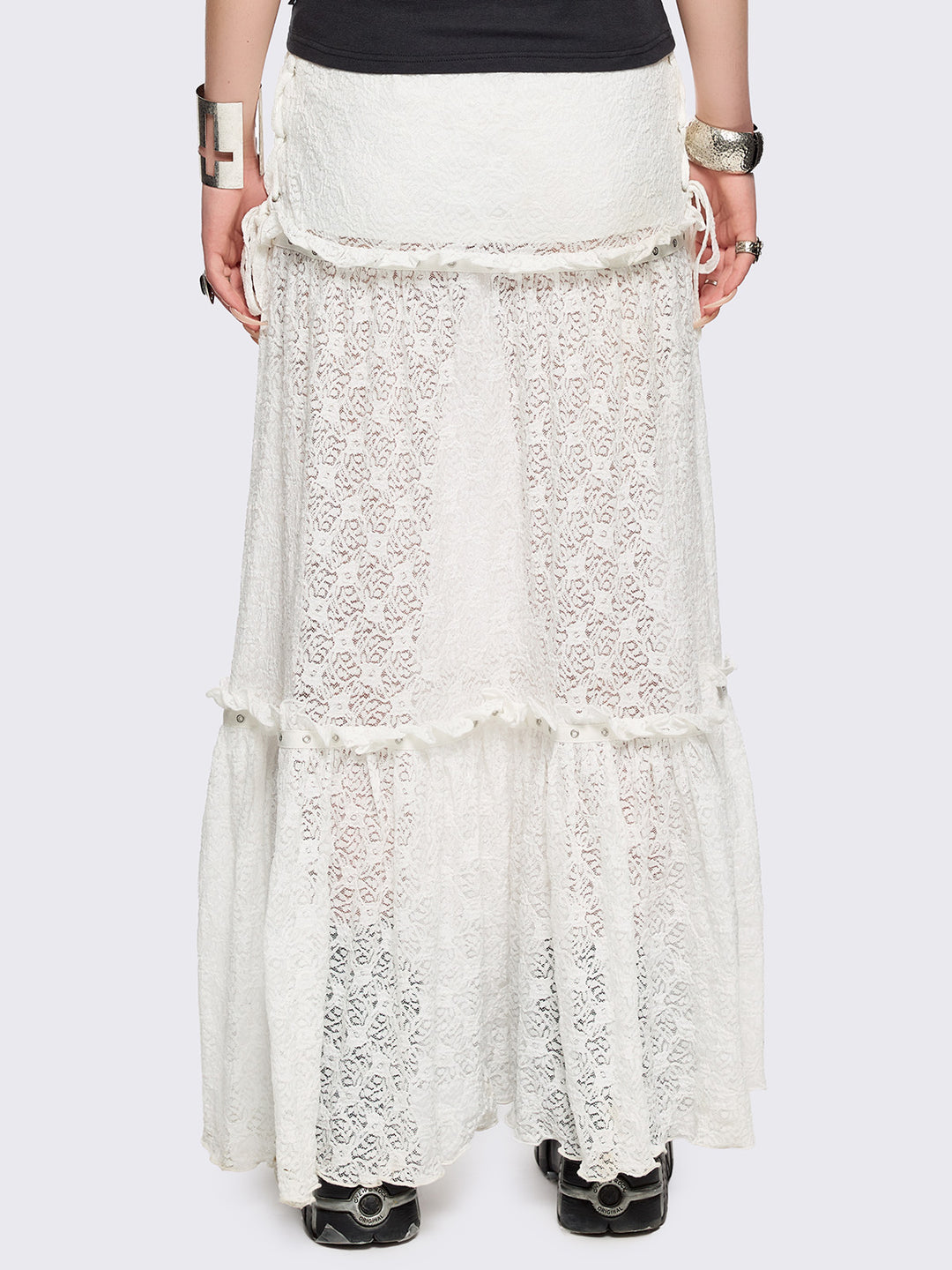 White Floral Lace Tiered Maxi Skirt with Ruffles & Lace-Up