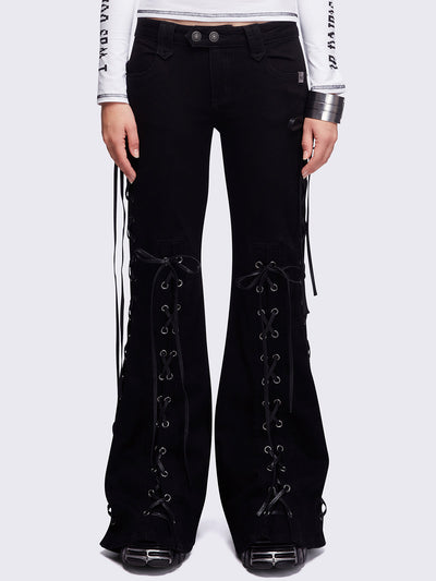Black lace up flared jeans.