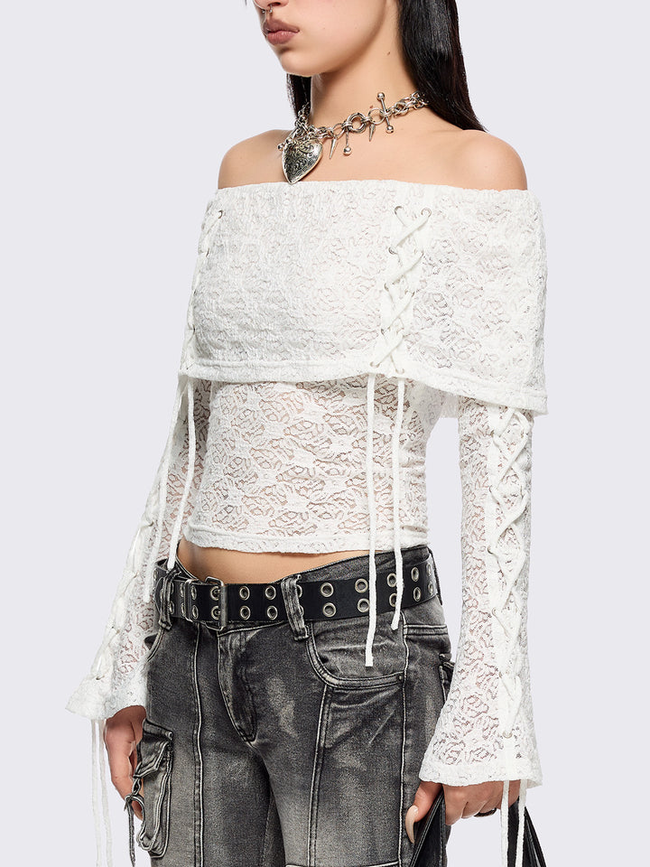 White Lace Off-Shoulder Top with Lace-Up Sleeves | Minga London