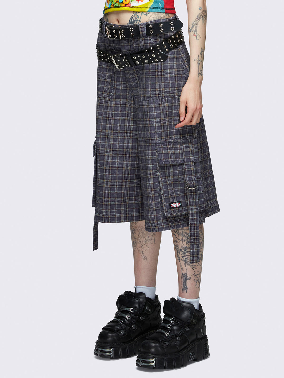 Uo Arlo Pleated Pant Plaid Long Cargo Shorts In Blue Minga London