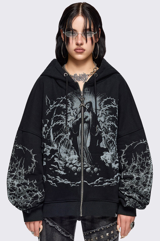 Black Zip-Up Hoodie with Sacred Saint Graphic & Thorn Print