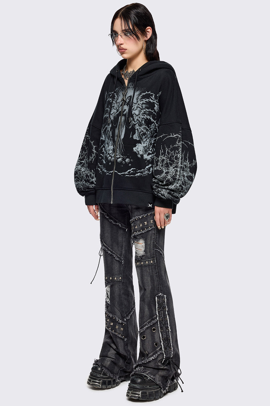 Black Zip-Up Hoodie with Sacred Saint Graphic & Thorn Print