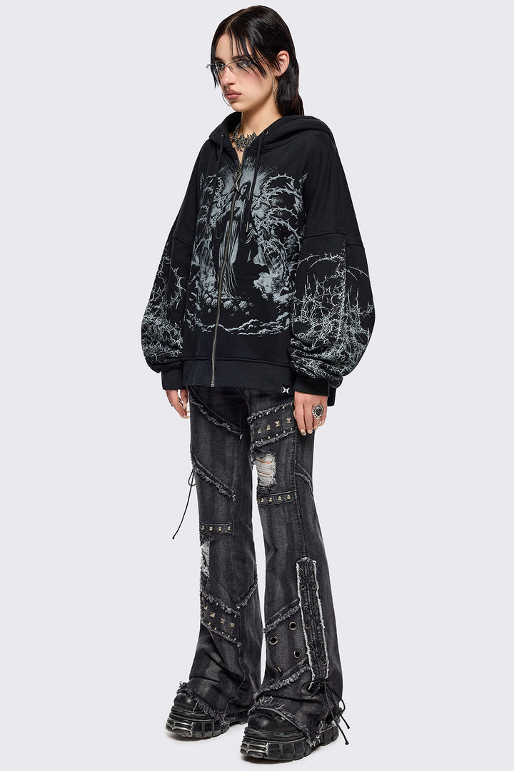 Black Zip-Up Hoodie with Sacred Saint Graphic & Thorn Print
