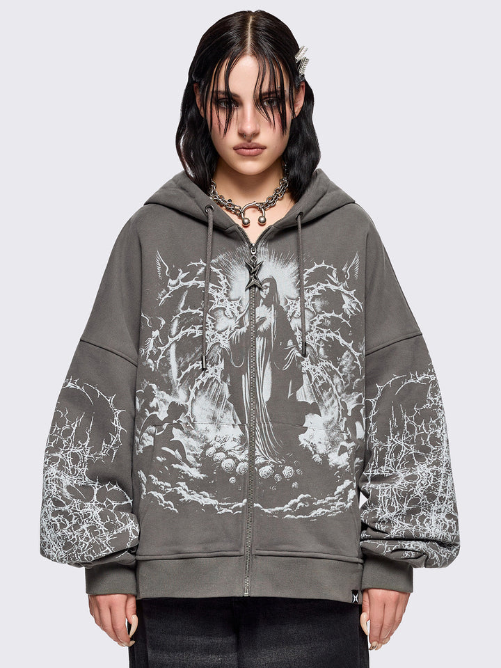Grey Zip-Up Hoodie with Sacred Saint Graphic & Thorn Print