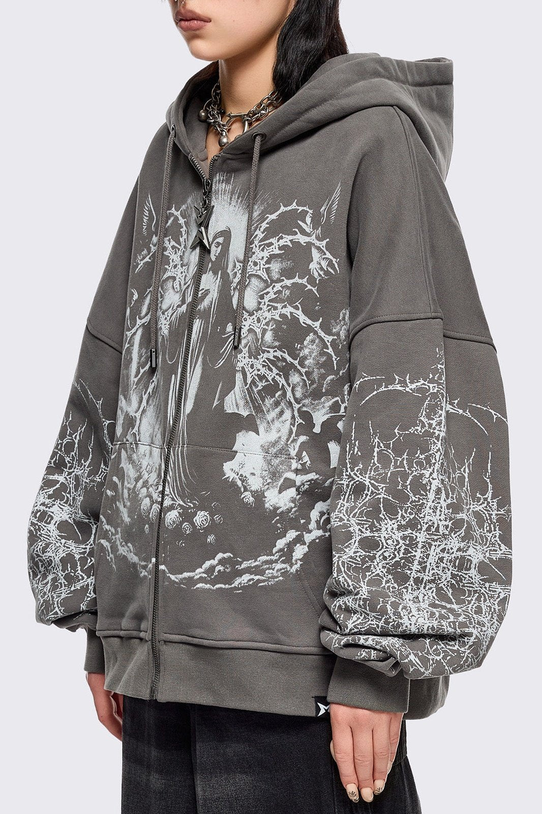Grey Zip-Up Hoodie with Sacred Saint Graphic & Thorn Print Sleeves Grey Zip-Up Hoodie with Sacred Saint Graphic & Thorn Print Sleeves
