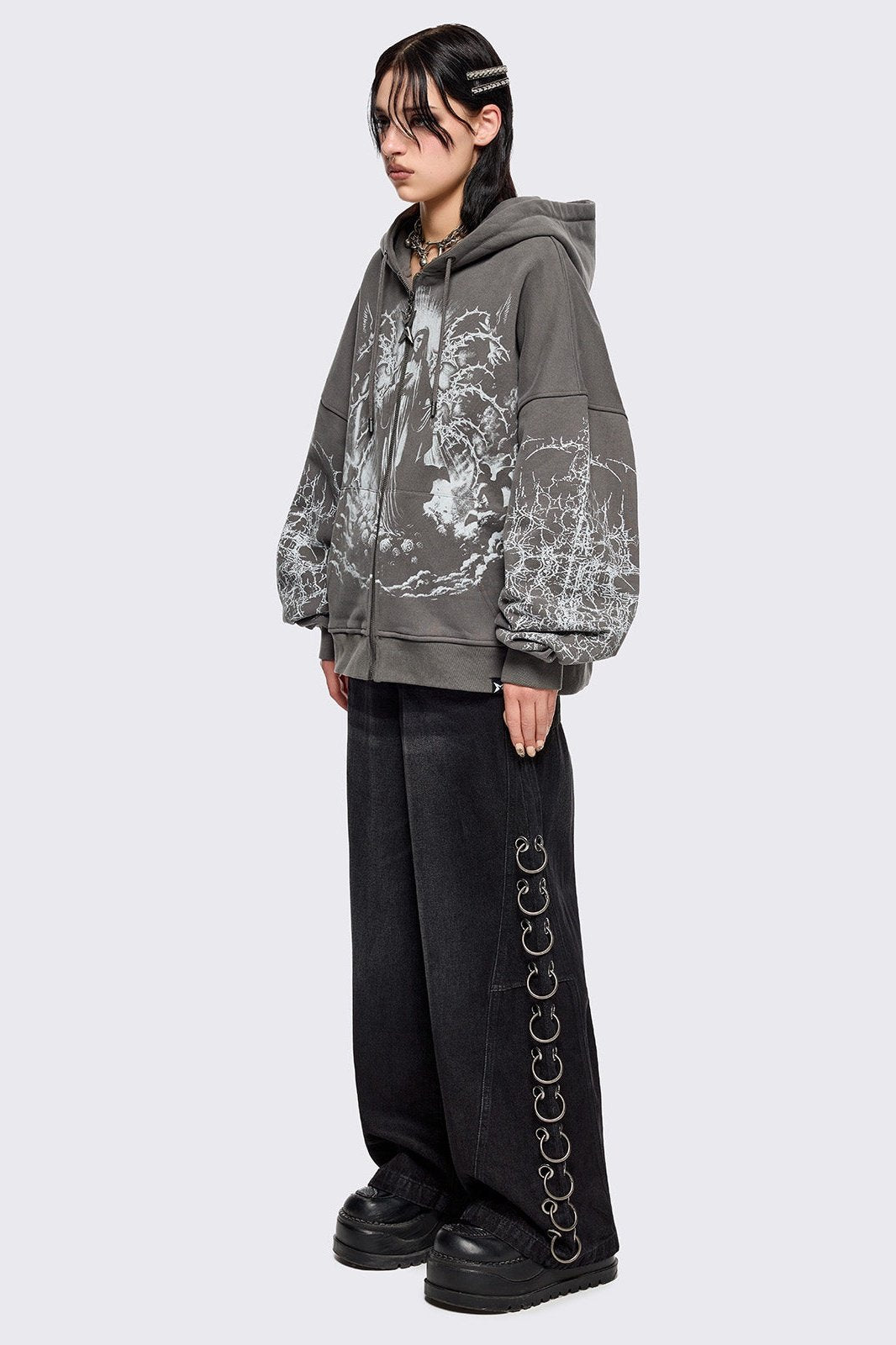 Grey Zip-Up Hoodie with Sacred Saint Graphic & Thorn Print Sleeves