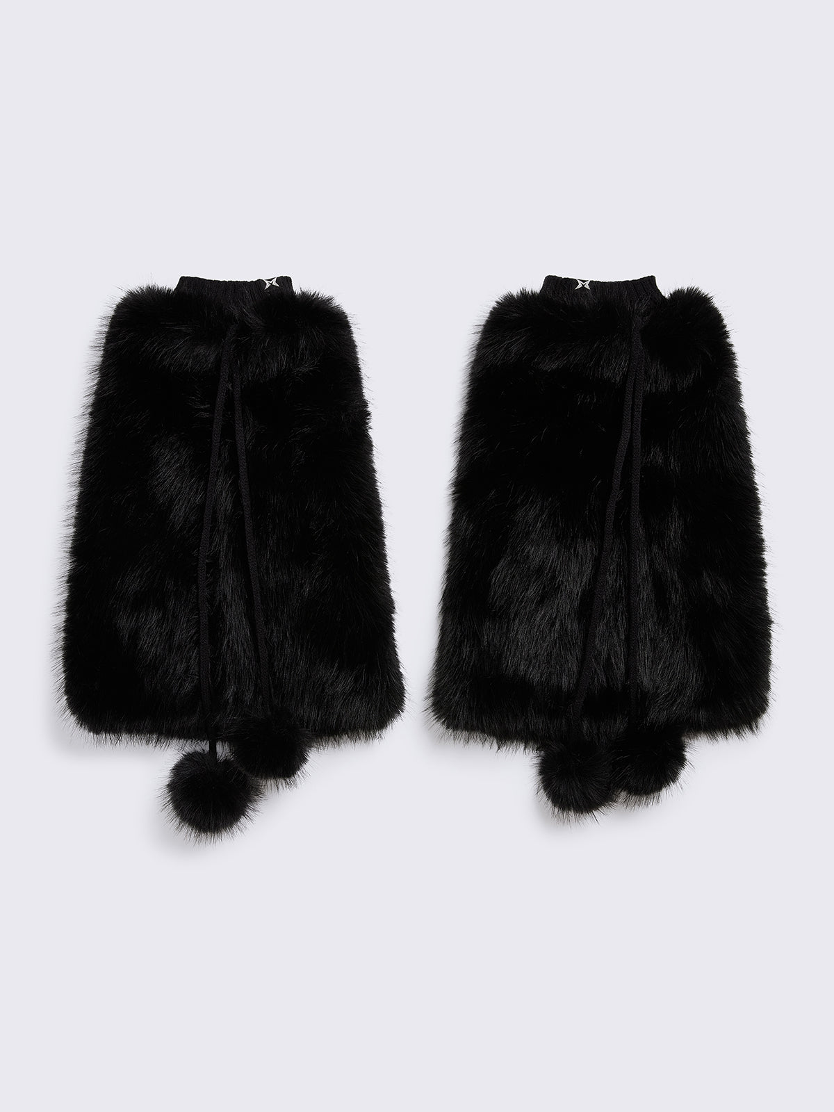 Black faux fur flared leg warmers with pom pom drawstring.