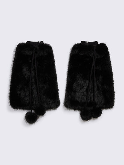 Black faux fur flared leg warmers with pom pom drawstring.