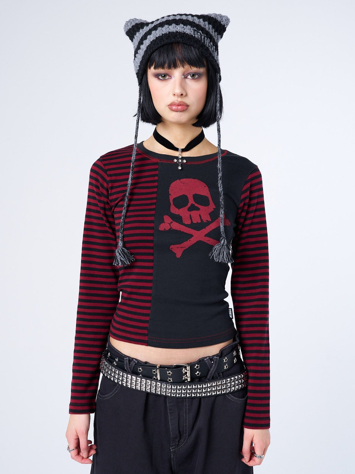 Avril Red Skull Striped Top