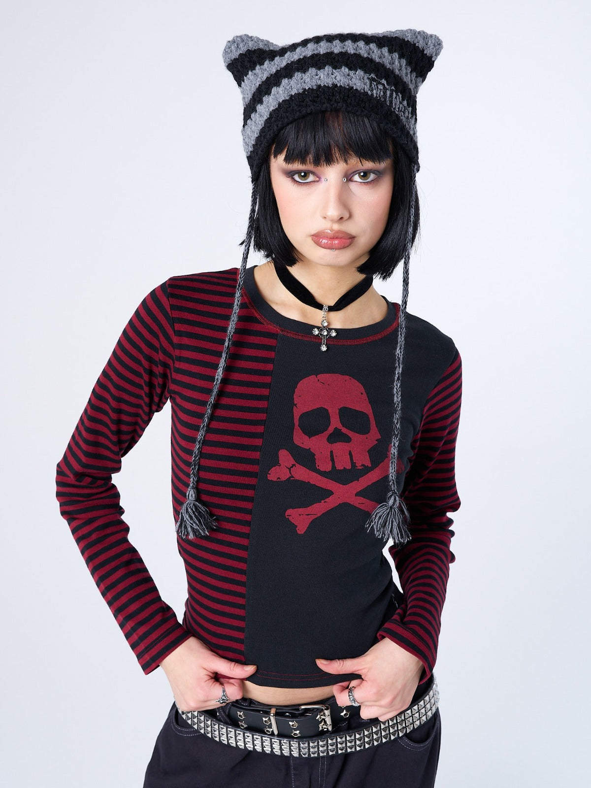 Avril Red Skull Striped Top