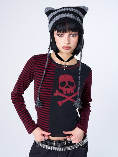 Red & Black Skull Striped Long Sleeve Top - Edgy Y2K Grunge Aesthetic ...