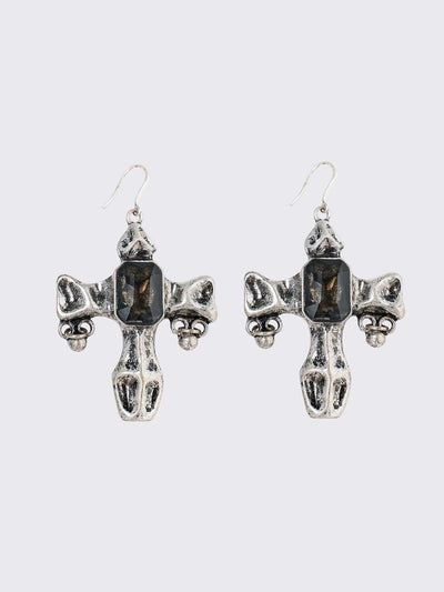 Pair of silver cross-shaped earrings with embedded stones 