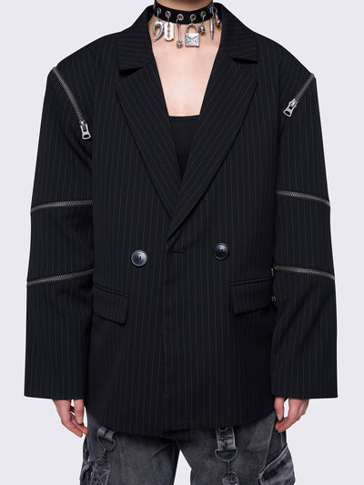 Blazer in black pinstripes with zipper details