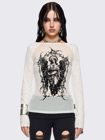 White semi-sheer long sleeve top with a sacred figure graphic front print and mesh contrast.