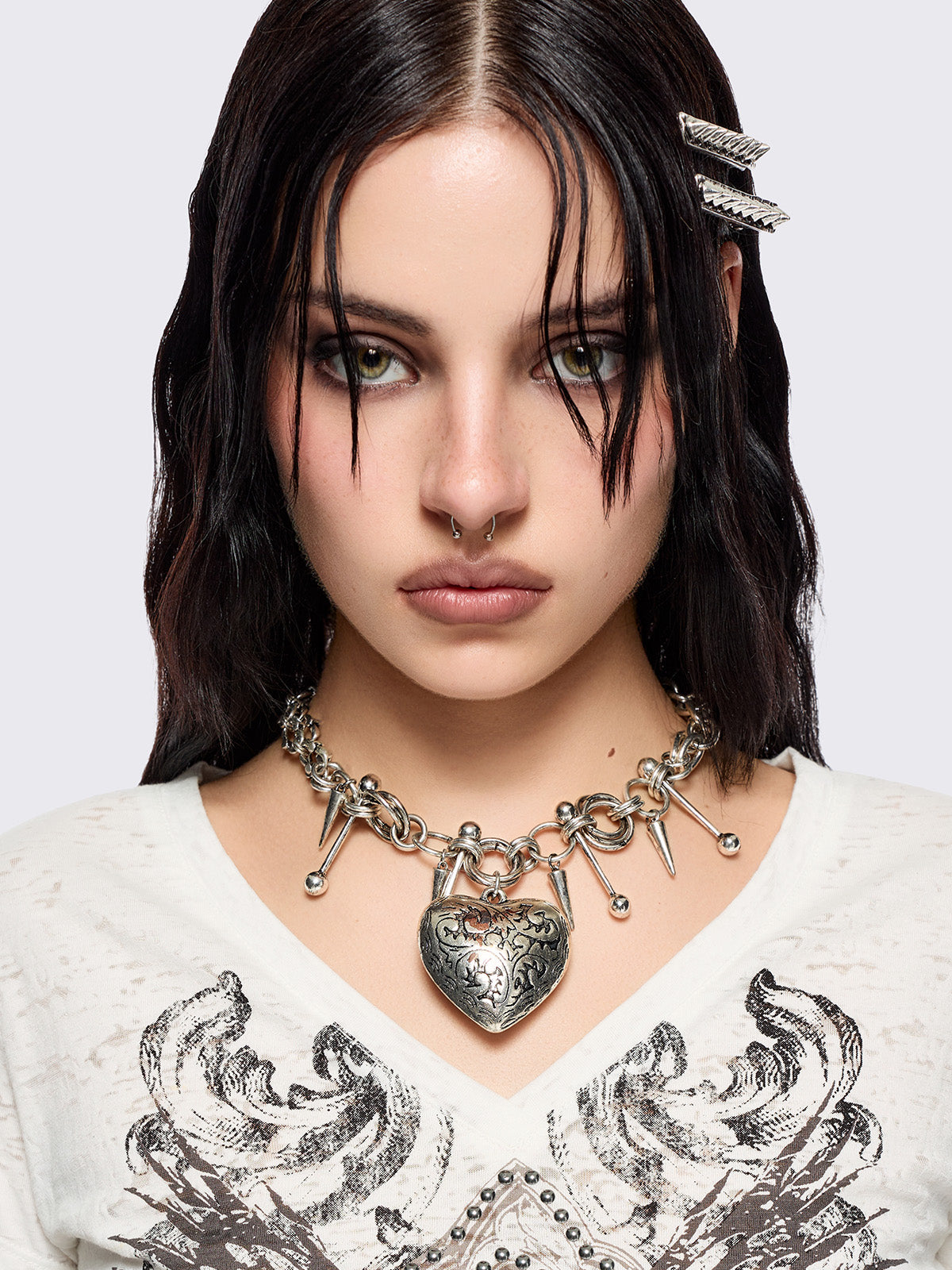 Chunky Spiked Necklace with 3D Heart in Silver | Minga London