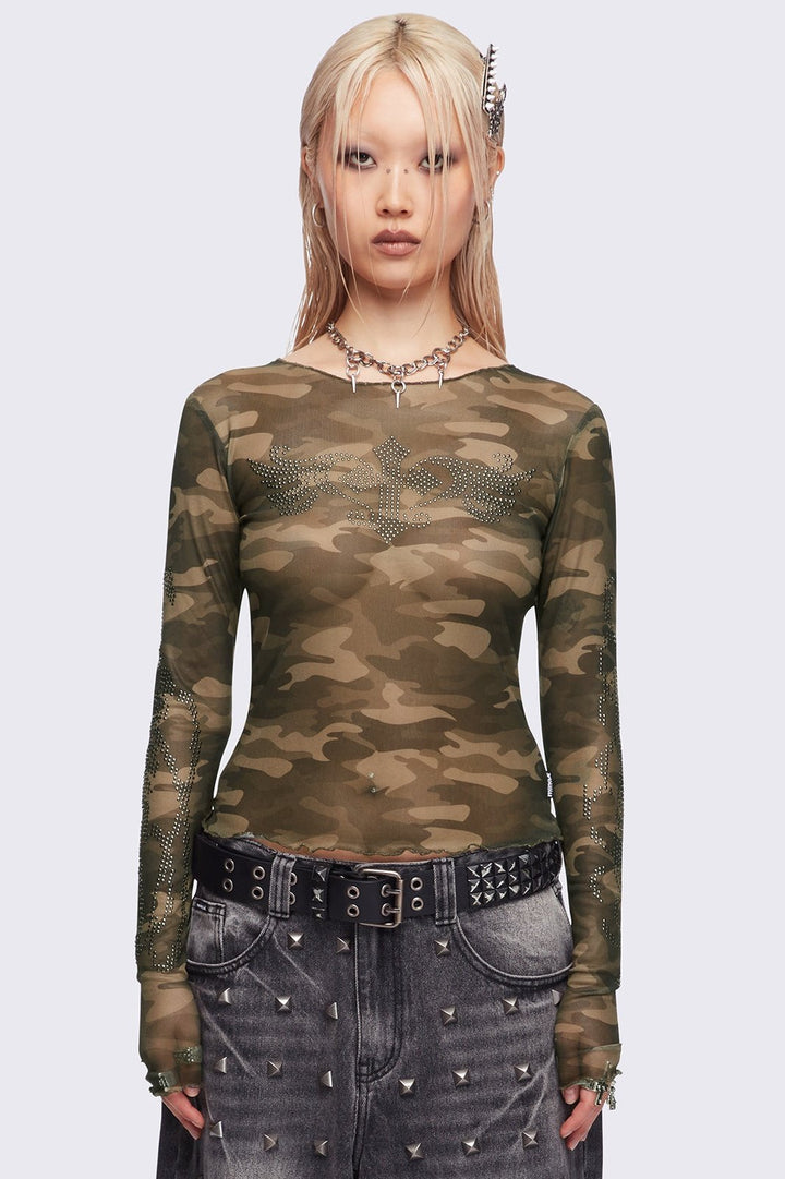 Camo Mesh Top with Rhinestone Crosses | Minga London