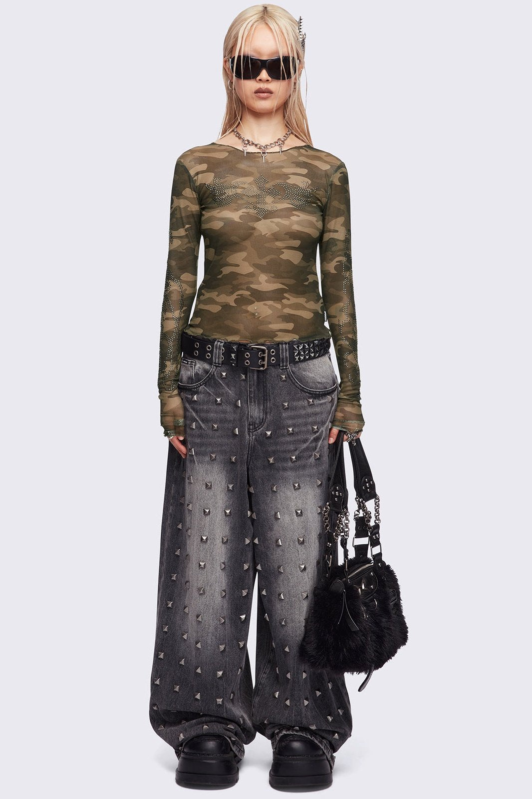 Camo Mesh Top with Rhinestone Crosses | Minga London