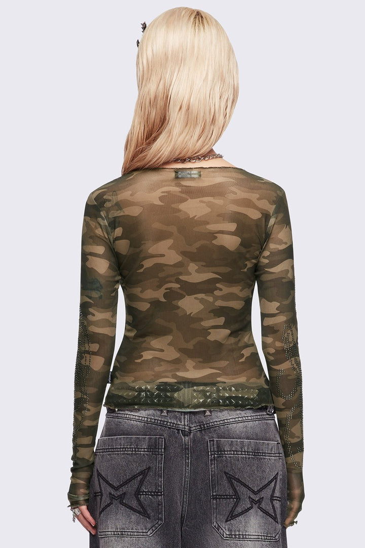 Camo Mesh Top with Rhinestone Crosses | Minga London