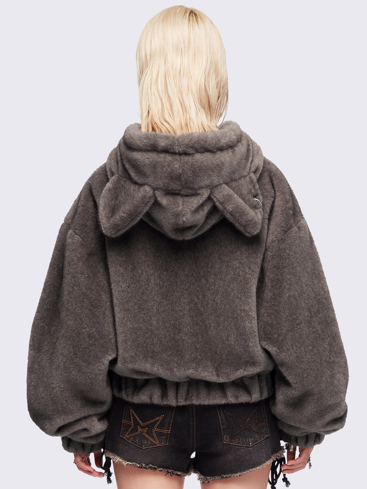 Cat Ear Faux Fur Plush Jacket in Brown | Minga London