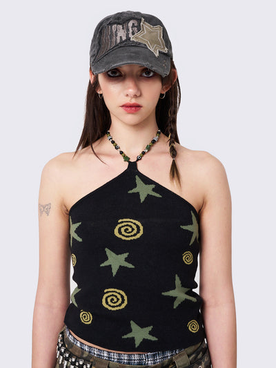 Black Halter Knitted Top with Beaded Neck Strap, Swirls and Stars