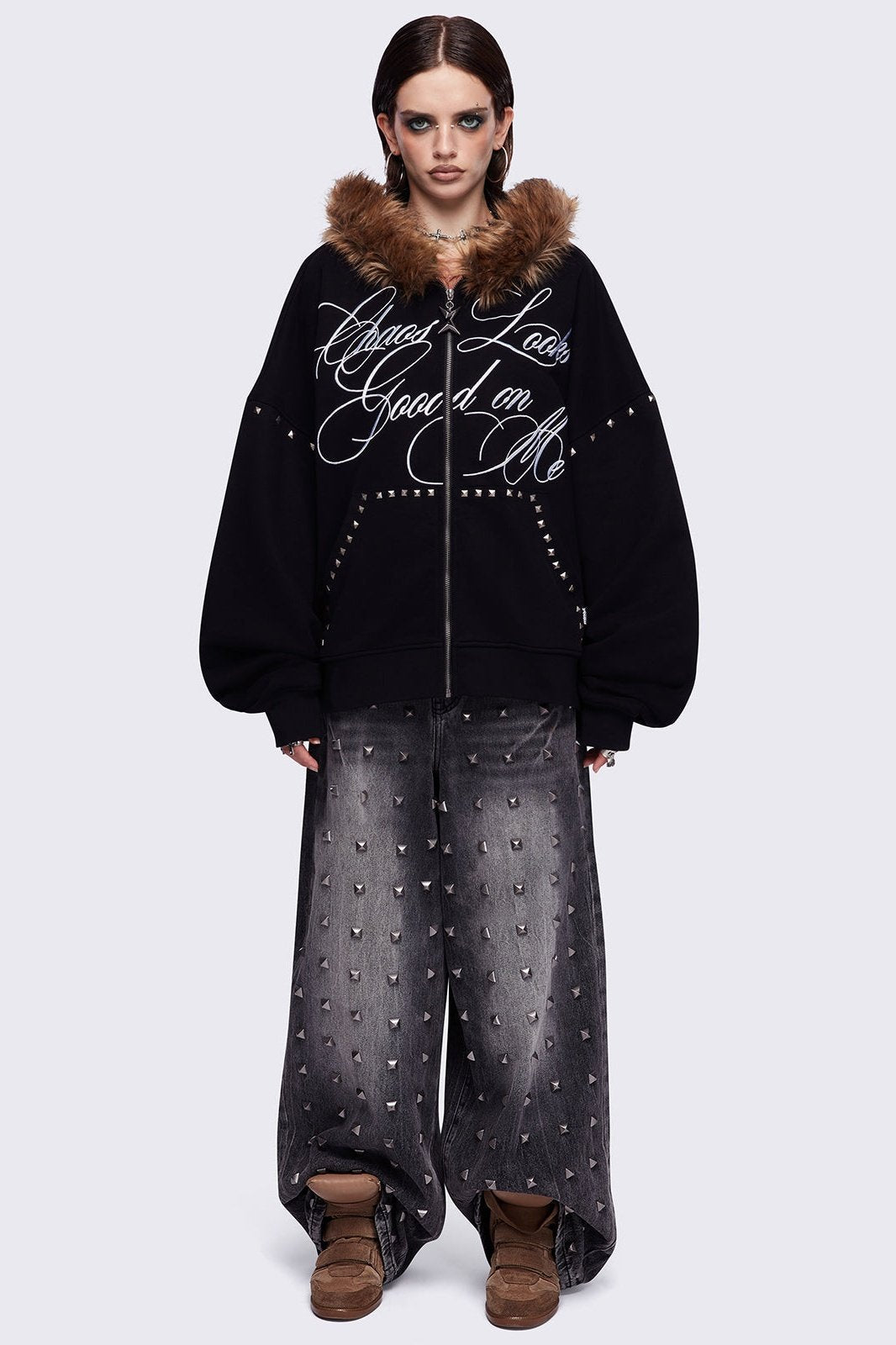 Faux Fur Black Oversized Zip Up Hoodie | Minga London