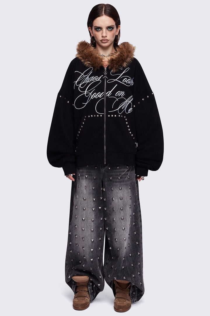 Faux Fur Black Oversized Zip Up Hoodie | Minga London
