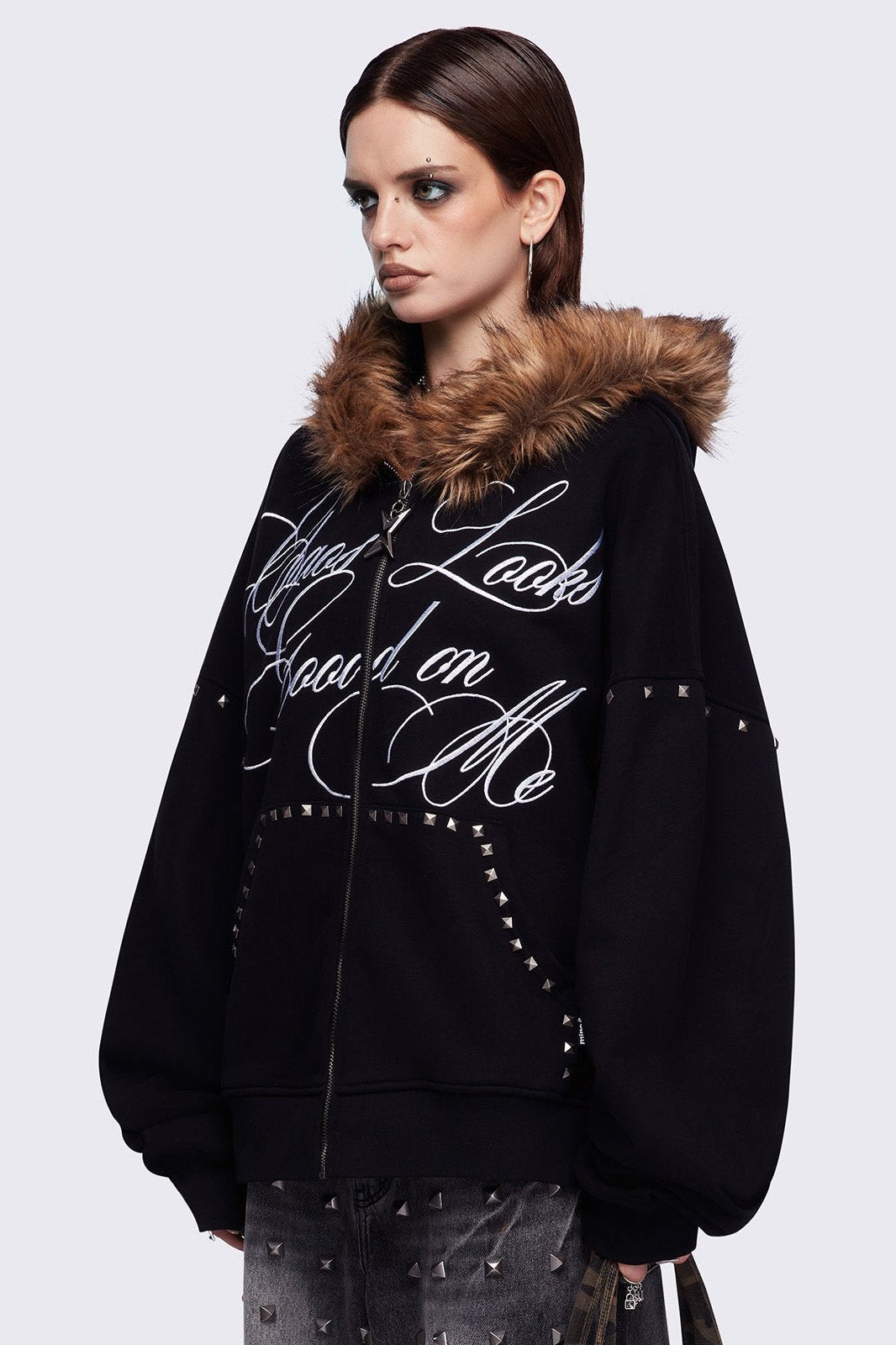 Faux Fur Black Oversized Zip Up Hoodie | Minga London