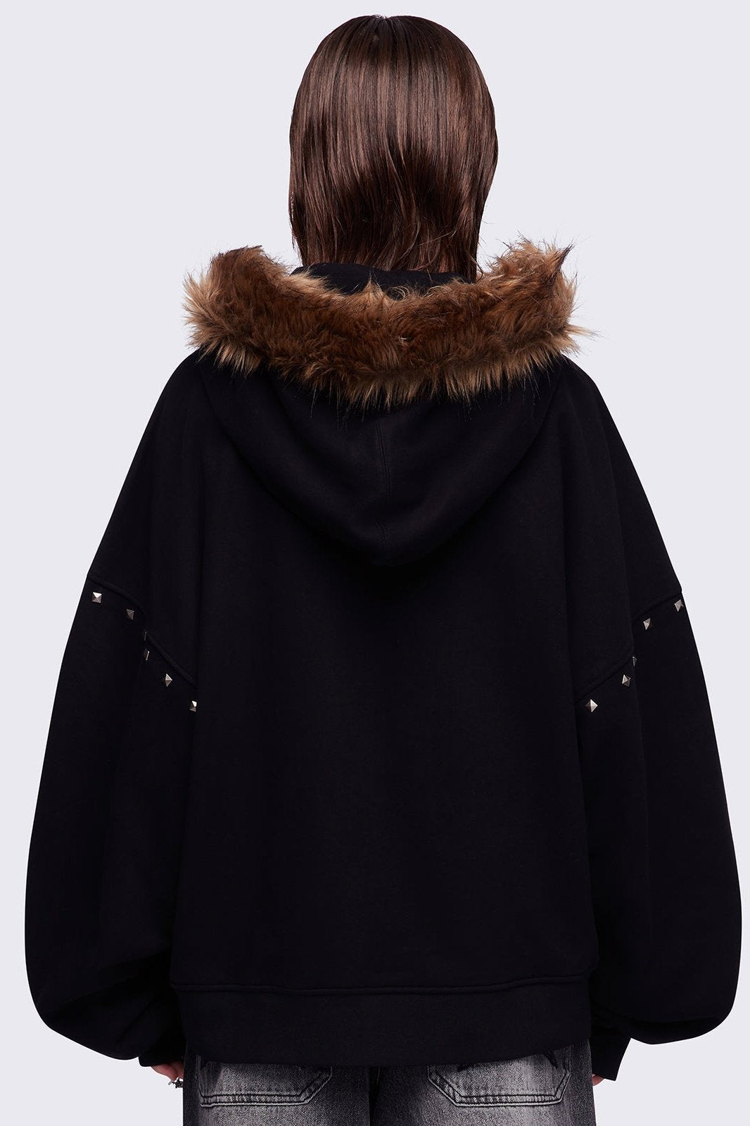 Faux Fur Black Oversized Zip Up Hoodie | Minga London