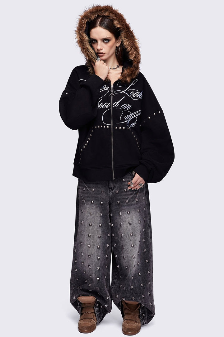 Faux Fur Black Oversized Zip Up Hoodie | Minga London