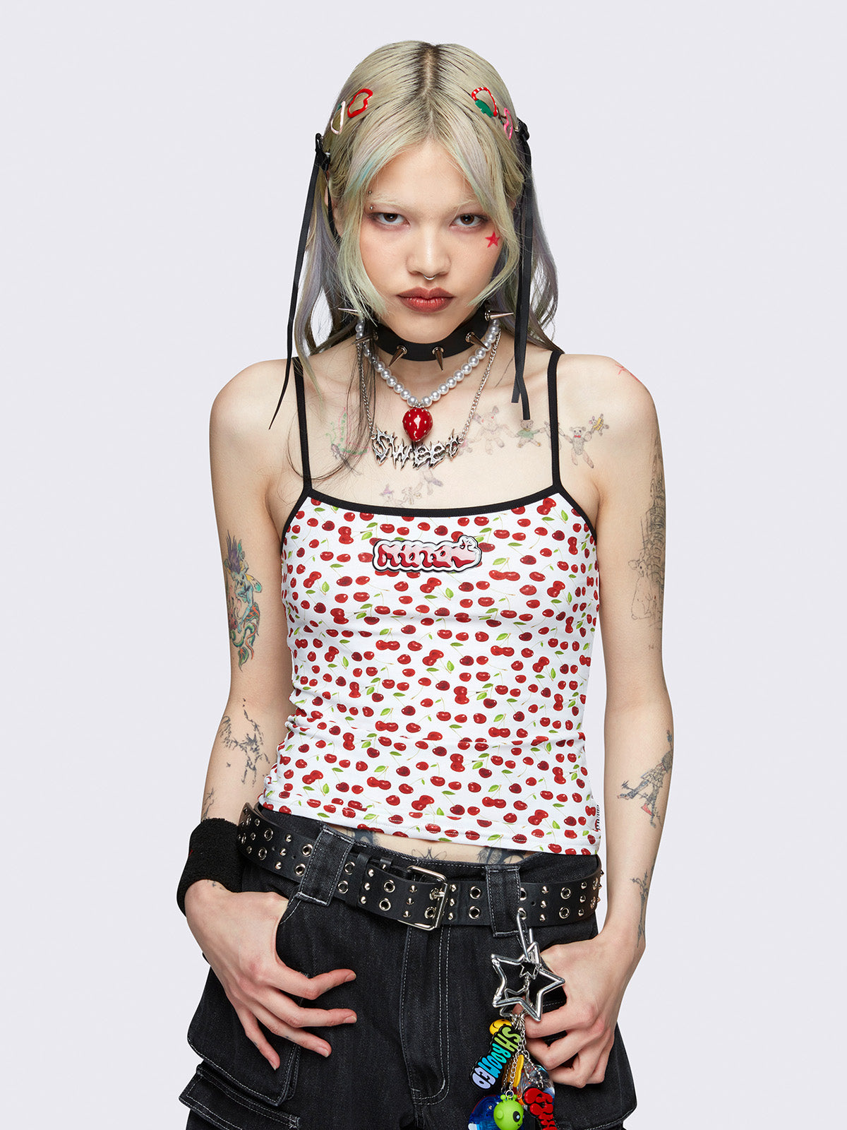 Cami top in white with cherries print