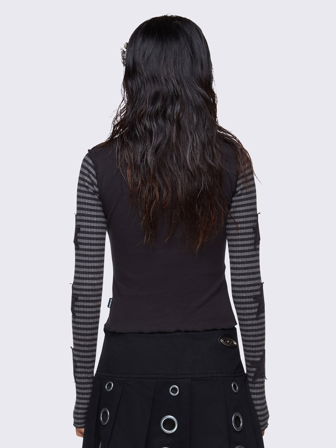 Star Patch Striped Long Sleeve Top in Black and Grey | Minga