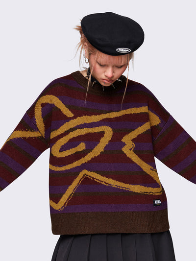Striped knit jumper in brown, burgundy and purple with a swirl star design in orange and a loose fit.