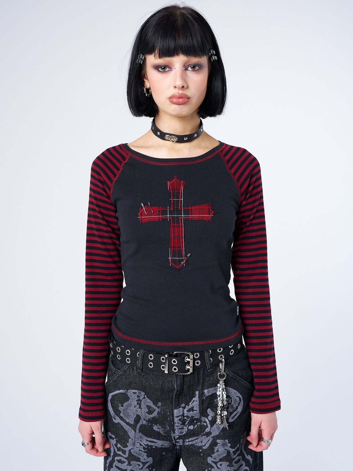 Black Raglan Long Sleeve Top with Red Striped Sleeves & Plaid Cross ...