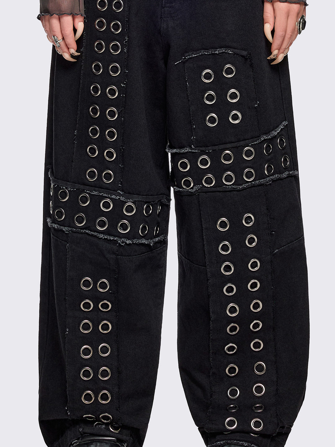 Black Super Baggy Jeans with Eyelet Cross | Minga London