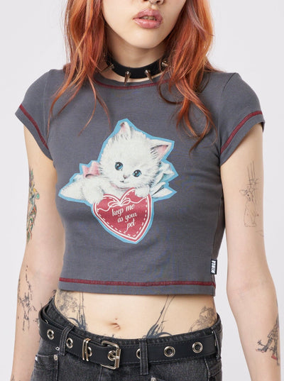 Cute Kitty Grey Baby Tee - Minga London