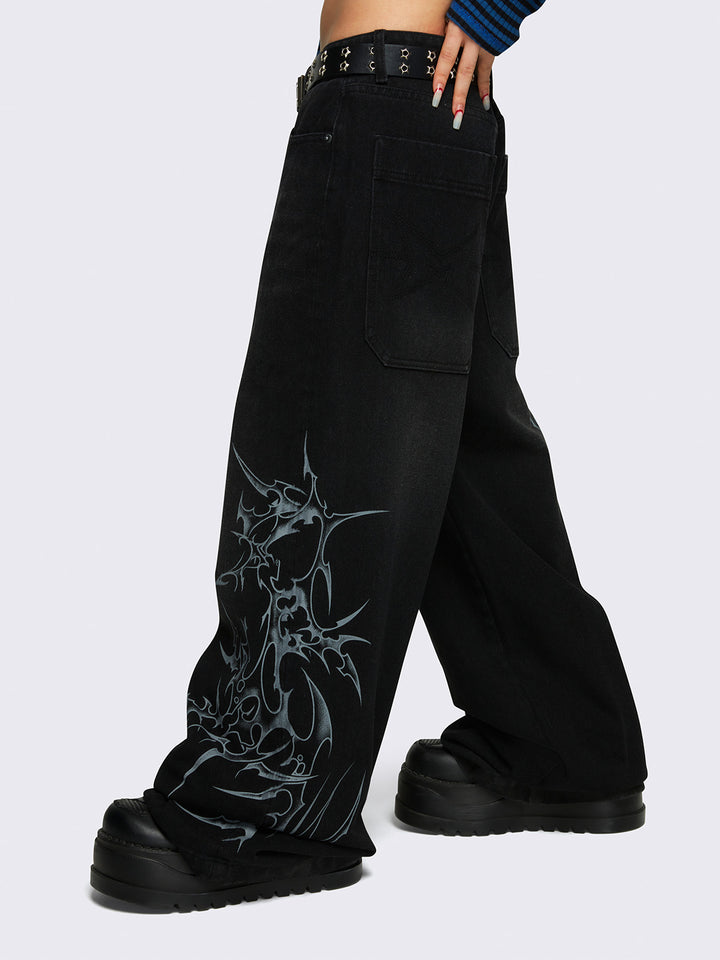 Black Baggy Jeans with Tribal Sigilism Print Minga London