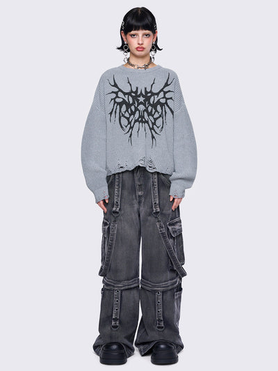 Knitted jumper in grey with grunge graphic front print and distressed details