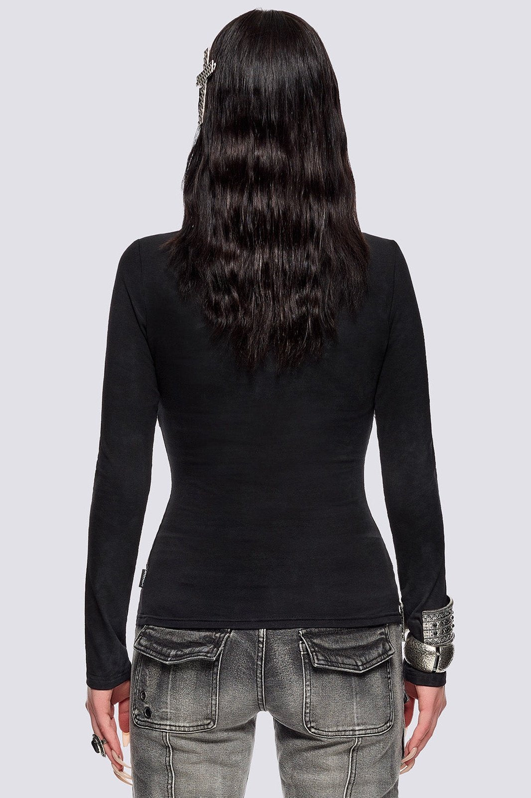 Black Long Sleeve Top with Lace Cross and Safety Pins | Minga London