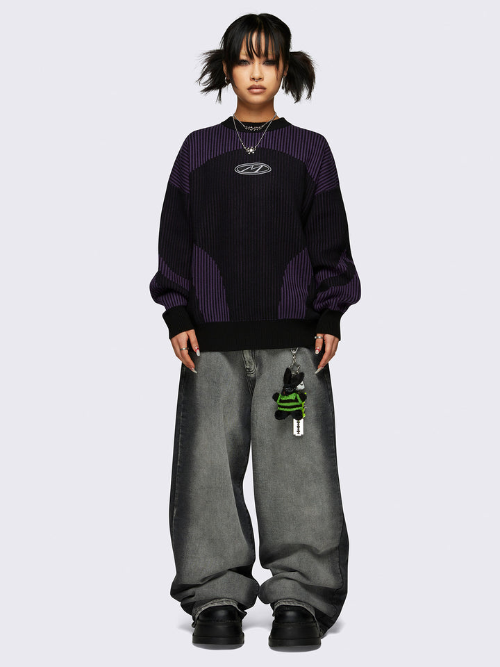 Colourblock Chunky Knit Jumper in Black and Purple | Minga London