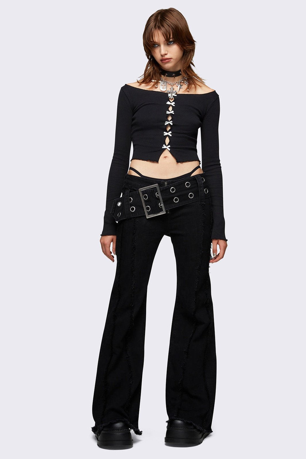 Black Belted Distressed Flare Jeans – Y2K Grunge | Minga London