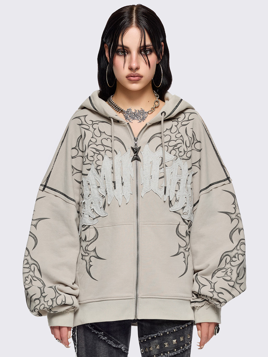 Beige Zip Up Hoodie with Sigilism Tribal Print | Minga London