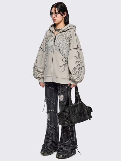 Bone beige zip up hoodie jacket featuring a black tribal sigilism graphic front and sleeves print, "Minga" embroidered patch and black contrast stitching.