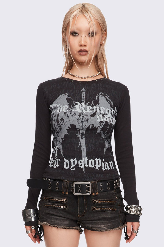 トップス Minga London spikey setup Black Long Sleeve Graphic Top | Minga London