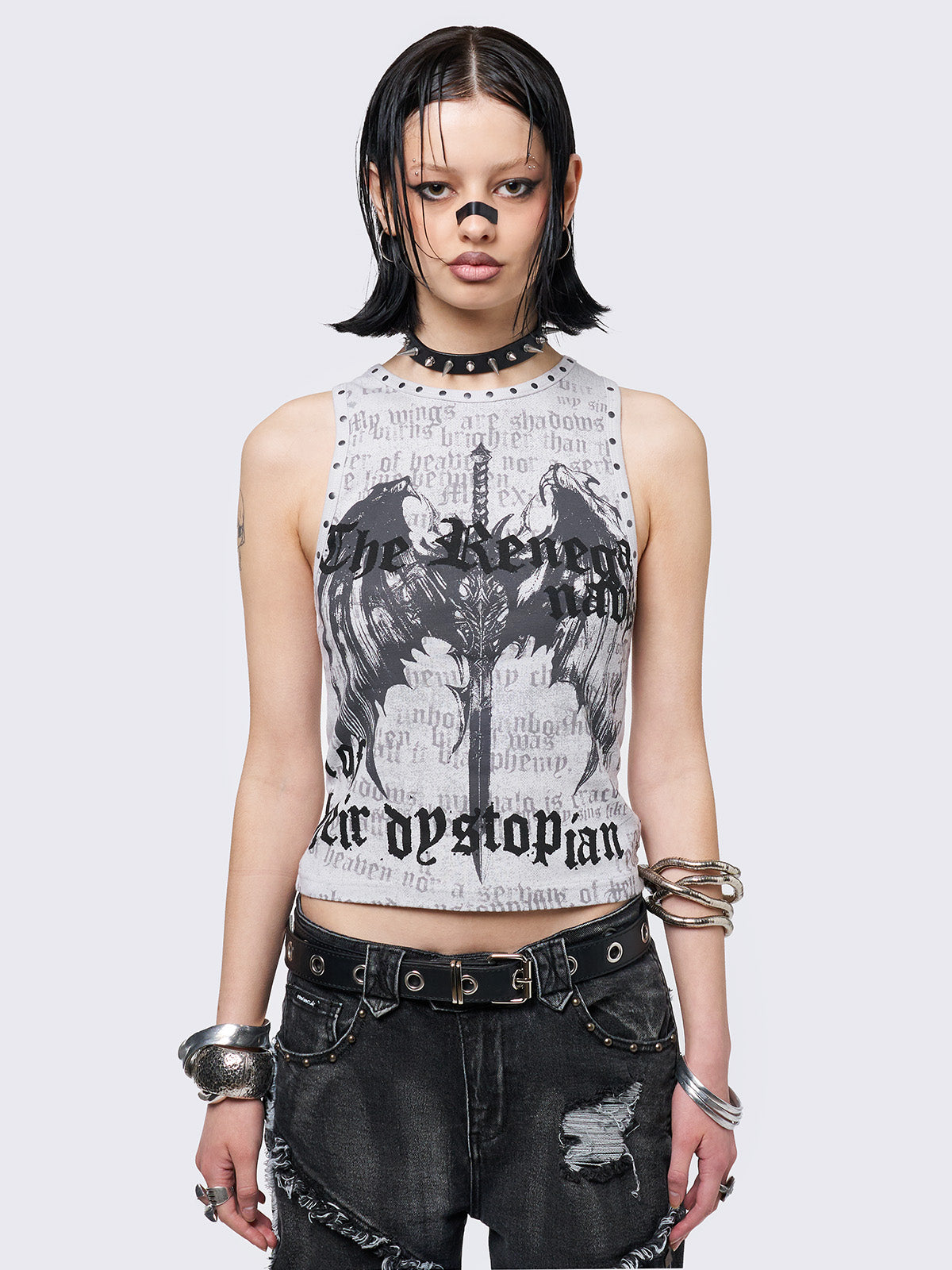 Off-white vest top with winged dagger and letters graphic print and studded trim details. Sleeveless-style and slim fit.
