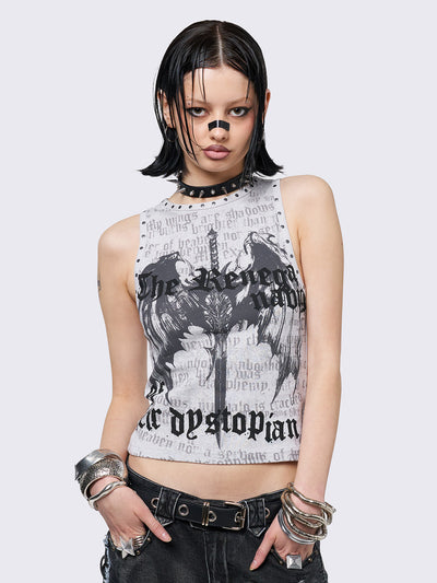 Off-white vest top with winged dagger and letters graphic print and studded trim details. Sleeveless-style and slim fit.