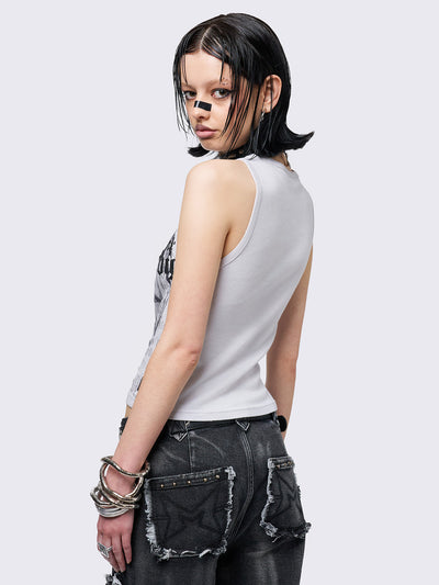 Off-white vest top with winged dagger and letters graphic print and studded trim details. Sleeveless-style and slim fit.