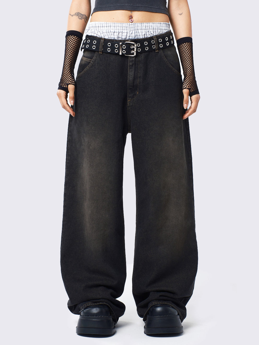Washed Black Baggy Jeans with Brown Overdye Y2k Grunge Denim