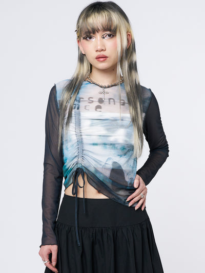 Echos Printed Mesh Ruched Tie Top - Minga London